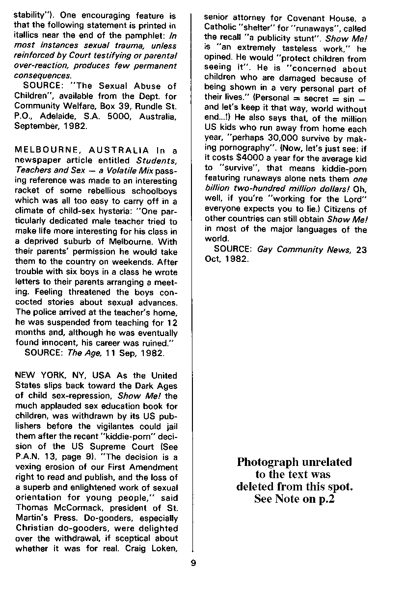 P.A.N. - Paedo Alert News, Number 14, December 1982, page 9
