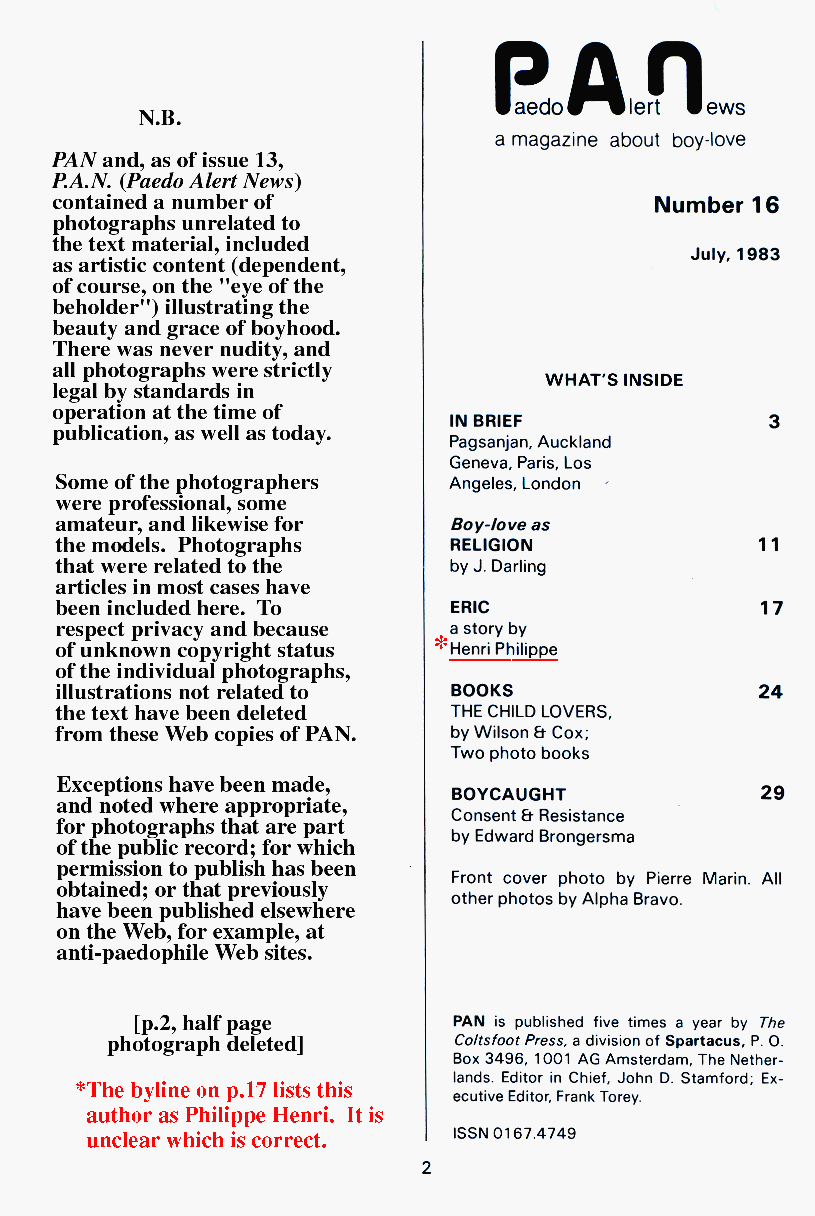 P.A.N. - Paedo Alert News, Number 16, July 1983, page 2