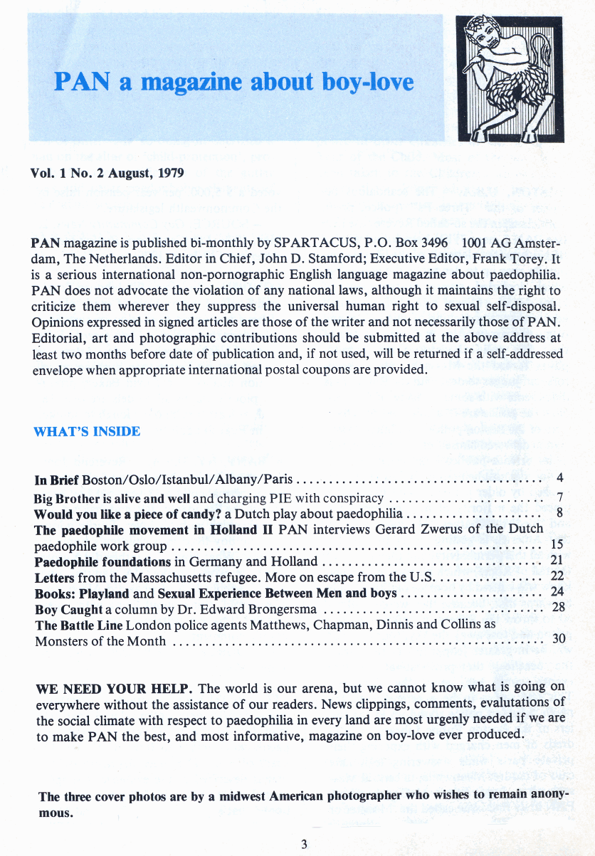 PAN - A Magazine About Boy-Love, Number 2 [Vol.1 No.2], August 1979, page 3