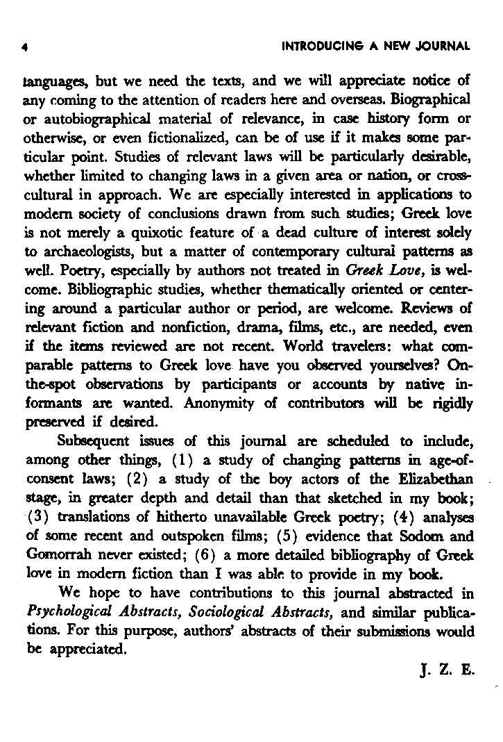 International Journal of Greek Love, Vol.1 No.1, 1965, page 4